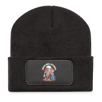 Mort-vivant jusqu’à ce que le café squelette caféiné fonctionne - Beanie recyclé à patch - charbon - Devant