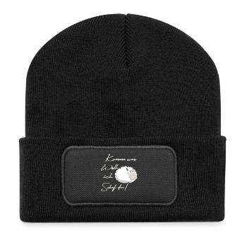 Kuscheliges Schaf Cartoon Spruch - Recycelte Patch Beanie - Schwarz - Vorne