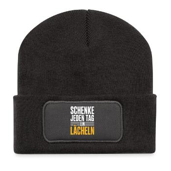Schenke Jeden Tag Ein Lächeln – Positive Botschaft - Recycelte Patch Beanie - Dunkelgrau - Vorne