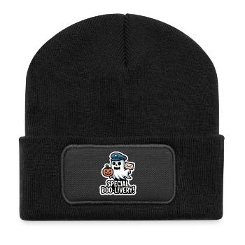 Postman Boo – Spooky Cute Halloween Ghost Delivery - Recycelte Patch Beanie - Schwarz - Vorne