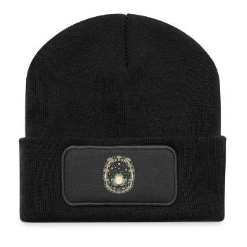Zauberhafter Frosch und Pilze im Sternenhimmel - Recycelte Patch Beanie - Schwarz - Vorne