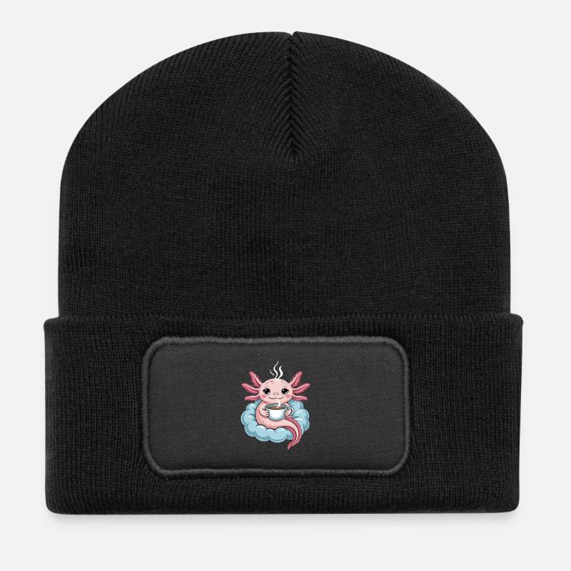 Axolotl avec café sur nuage Café du matin Kawaii - Beanie recyclé à patch - noir
