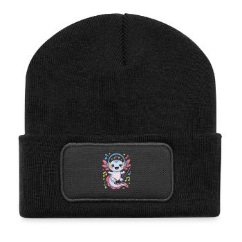 Kawaii Axolotl with Headphones and Musical Notes - Recycled Patch Beanie - black - Front