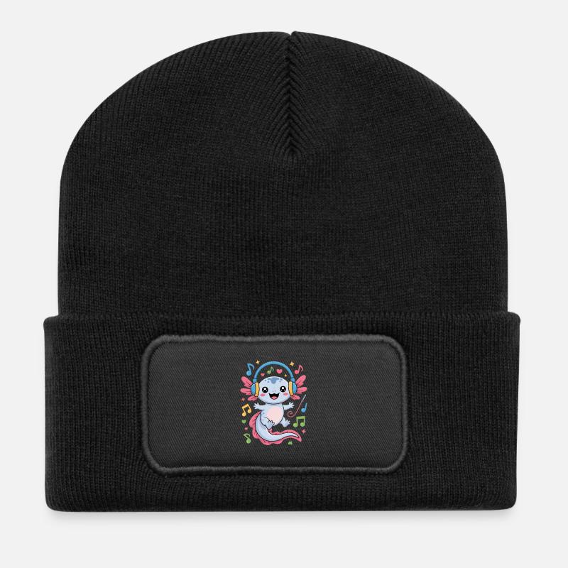 Kawaii Axolotl Mit Kopfhörern Und Musiknoten - Recycelte Patch Beanie - Schwarz