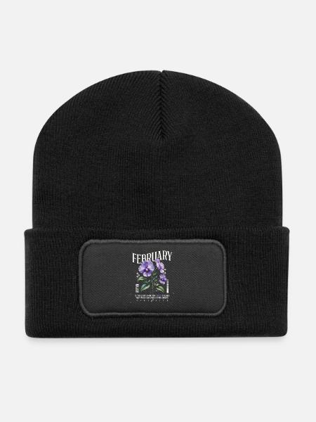 Februar Veilchen Geburtsblume - Recycelte Patch Beanie - Schwarz