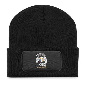 Volleyball & Jesus – Cross with Wings Design - Recycled Patch Beanie - black - Front