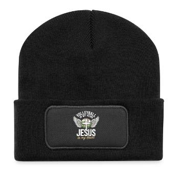 Volleyball & Jesus – Cross with Wings Design - Recycled Patch Beanie - black - Front