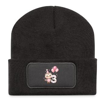 Eule zum dritten Geburtstag mit Luftballons - Recycelte Patch Beanie - Dunkelgrau - Vorne