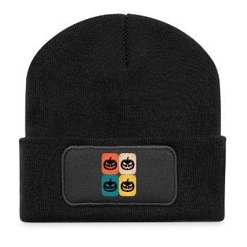 Retro Kürbis Halloween Pop Art Stil - Recycelte Patch Beanie - Schwarz - Vorne