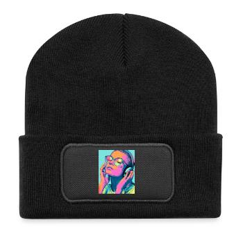 Neon Popart Kopfhörerporträt - Recycelte Patch Beanie - Schwarz - Vorne