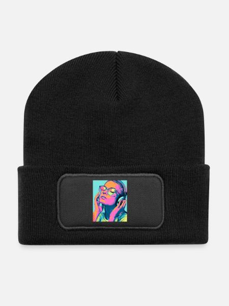Neon Popart Kopfhörerporträt - Recycelte Patch Beanie - Schwarz