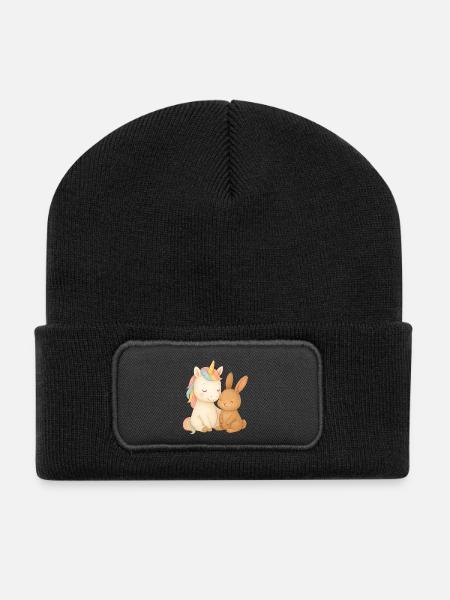 Einhorn und Häschen Kuschelzeit - Recycelte Patch Beanie - Schwarz