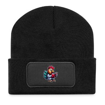 Lesender Hahn im Comicstil - Recycelte Patch Beanie - Schwarz - Vorne