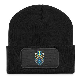 Blitzmasken Lucha Neon Blau Gold - Recycelte Patch Beanie - Schwarz - Vorne