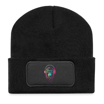 Neonaffe mit Kopfhörer - Recycelte Patch Beanie - Schwarz - Vorne