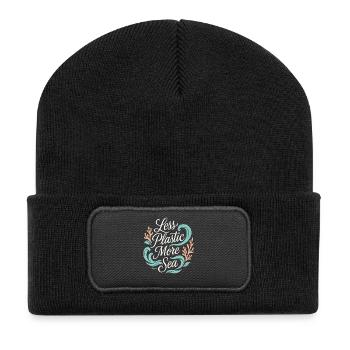 Less Plastic More Sea – Umwelt & Ozean Schutz - Recycelte Patch Beanie - Schwarz - Vorne