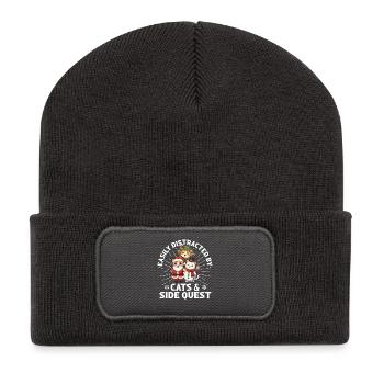 Facilement distrait par Cats & Side Quest Gaming Xmas - Beanie recyclé à patch - charbon - Devant
