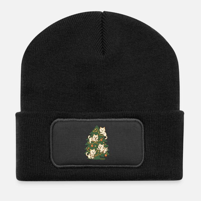 Lustige Katze Weihnachtsbaum Familie Urlaub Design - Recycelte Patch Beanie - Schwarz