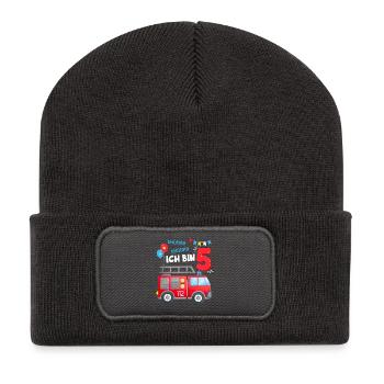 Fire Brigade 5 Years Fifth Birthday Boy Outfit - Recycled Patch Beanie - dark grey - Front