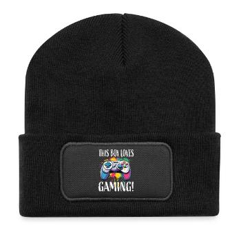 Junge liebt Gaming – bunte Controller-Splash - Recycelte Patch Beanie - Schwarz - Vorne