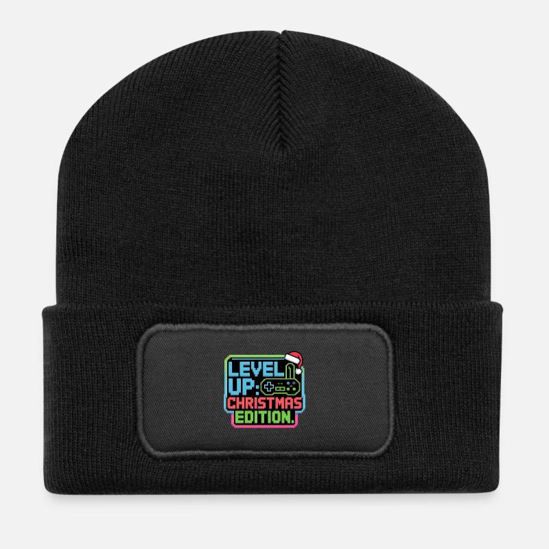 Level Up zu Weihnachten - Pixel Gamer Geschenk - Recycelte Patch Beanie - Schwarz