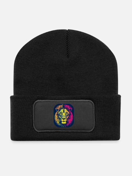 Neon Löwenkopf Pop Art - Recycelte Patch Beanie - Schwarz