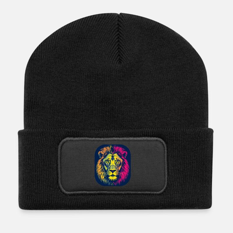 Neon Löwenkopf Pop Art - Recycelte Patch Beanie - Schwarz