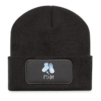 Blaue Babystiefel, es ist ein Junge - Recycelte Patch Beanie - Dunkelgrau - Vorne