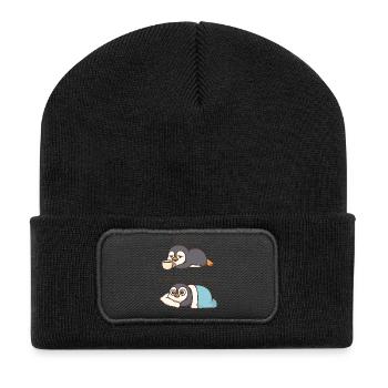 Lustiger Cartoon Pinguin Kaffeeliebhaber  - Recycelte Patch Beanie - Schwarz - Vorne