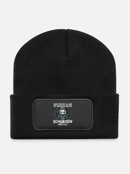 Grimmiger Panda – Sarkastisches Schubsen - Recycelte Patch Beanie - Schwarz