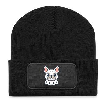 Niedlicher weißer Cartoon-Bulldogge - Recycelte Patch Beanie - Schwarz - Vorne