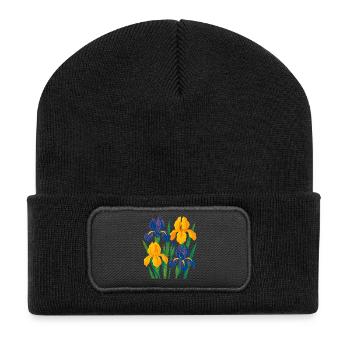 Iris Harmony: Goldene und indigofarbene Blüten - Recycelte Patch Beanie - Schwarz - Vorne