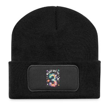 Départ dans l’espace, fête d’anniversaire des enfants pour 3e anniversaire - Beanie recyclé à patch - noir - Devant