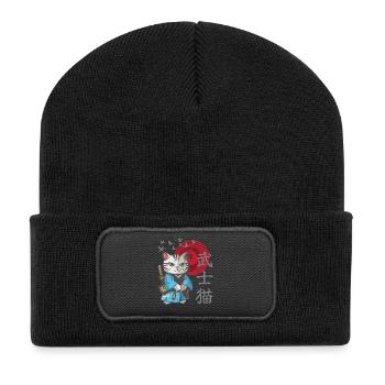 Cat Anime Japanese Samurai Kitten - Recycled Patch Beanie - black - Front