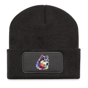 Art animalier de loup - Beanie recyclé à patch - charbon - Devant