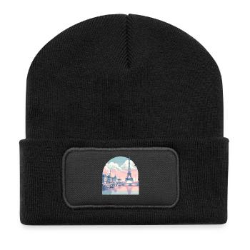 Pastell Paris: Skyline am Seine - Recycelte Patch Beanie - Schwarz - Vorne