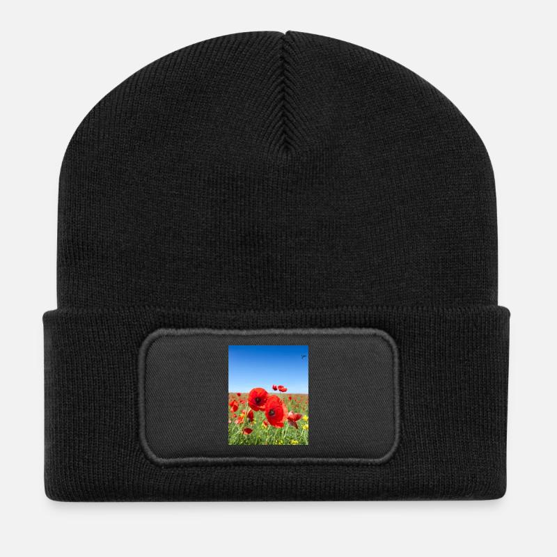 Poppies in the Blue Field - Recycled Patch Beanie - black