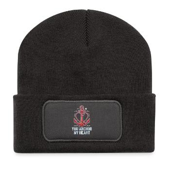 Du ankerst mein Herz Nautisches Segelboot Valentine - Recycelte Patch Beanie - Dunkelgrau - Vorne