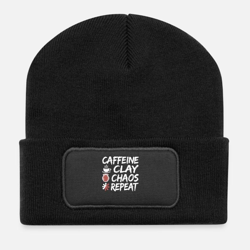 Caffeine Clay Chaos Repeat Design - Recycled Patch Beanie - black