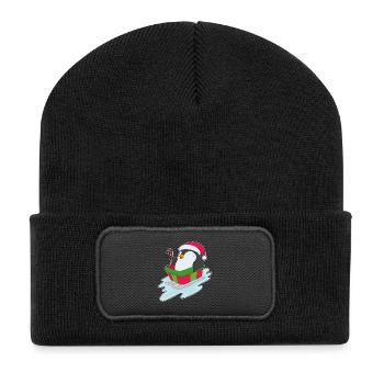 Pinguin Weihnachten Schlitten - Recycelte Patch Beanie - Schwarz - Vorne