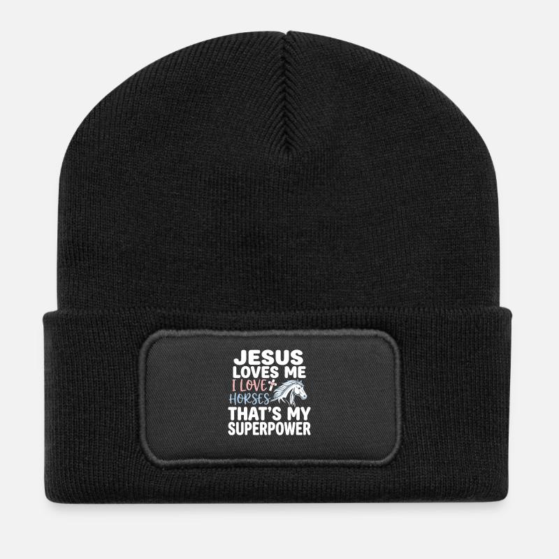 Jésus m’aime, j’aime les chevaux - Beanie recyclé à patch - noir