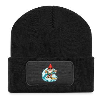 Surfender Gartenzwerg auf der Welle  - Recycelte Patch Beanie - Schwarz - Vorne