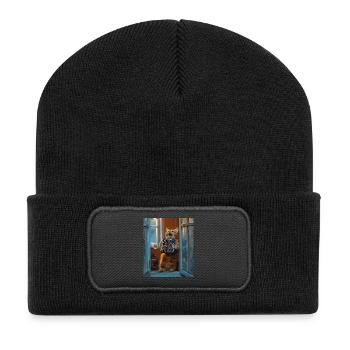 Chat de fenêtre avec accordéon - Beanie recyclé à patch - noir - Devant