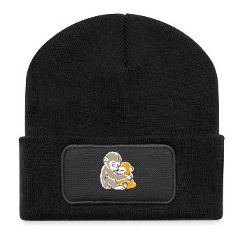 Monkey Hug Duo Illustration - Recycelte Patch Beanie - Schwarz - Vorne