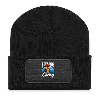 Feeling Cocky Lustiges Hahn Wortspiel - Recycelte Patch Beanie - Schwarz - Vorne