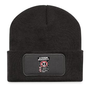 Schonend behandeln Verkehrsschild 33 Geburtstag - Recycelte Patch Beanie - Dunkelgrau - Vorne