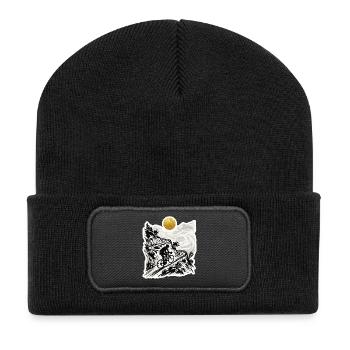 Radfahrer Bergpass Holzschnitt Goldsonne - Recycelte Patch Beanie - Schwarz - Vorne