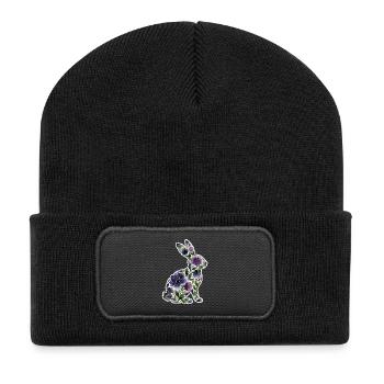 Hase Silhouette Blumen - Recycelte Patch Beanie - Schwarz - Vorne
