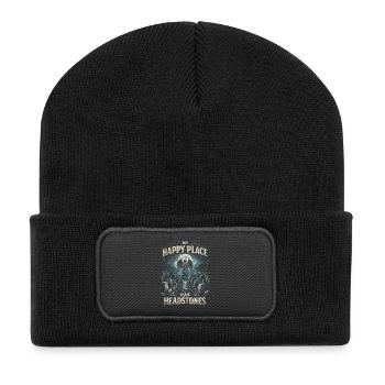 Humour gothique de cimetière Mon endroit heureux a des pierres tombales - Beanie recyclé à patch - noir - Devant