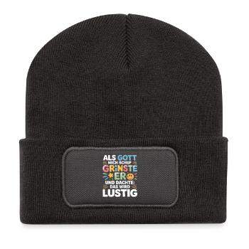 Als Gott mich schuf grinste er – Lustiger Spruch - Recycelte Patch Beanie - Dunkelgrau - Vorne